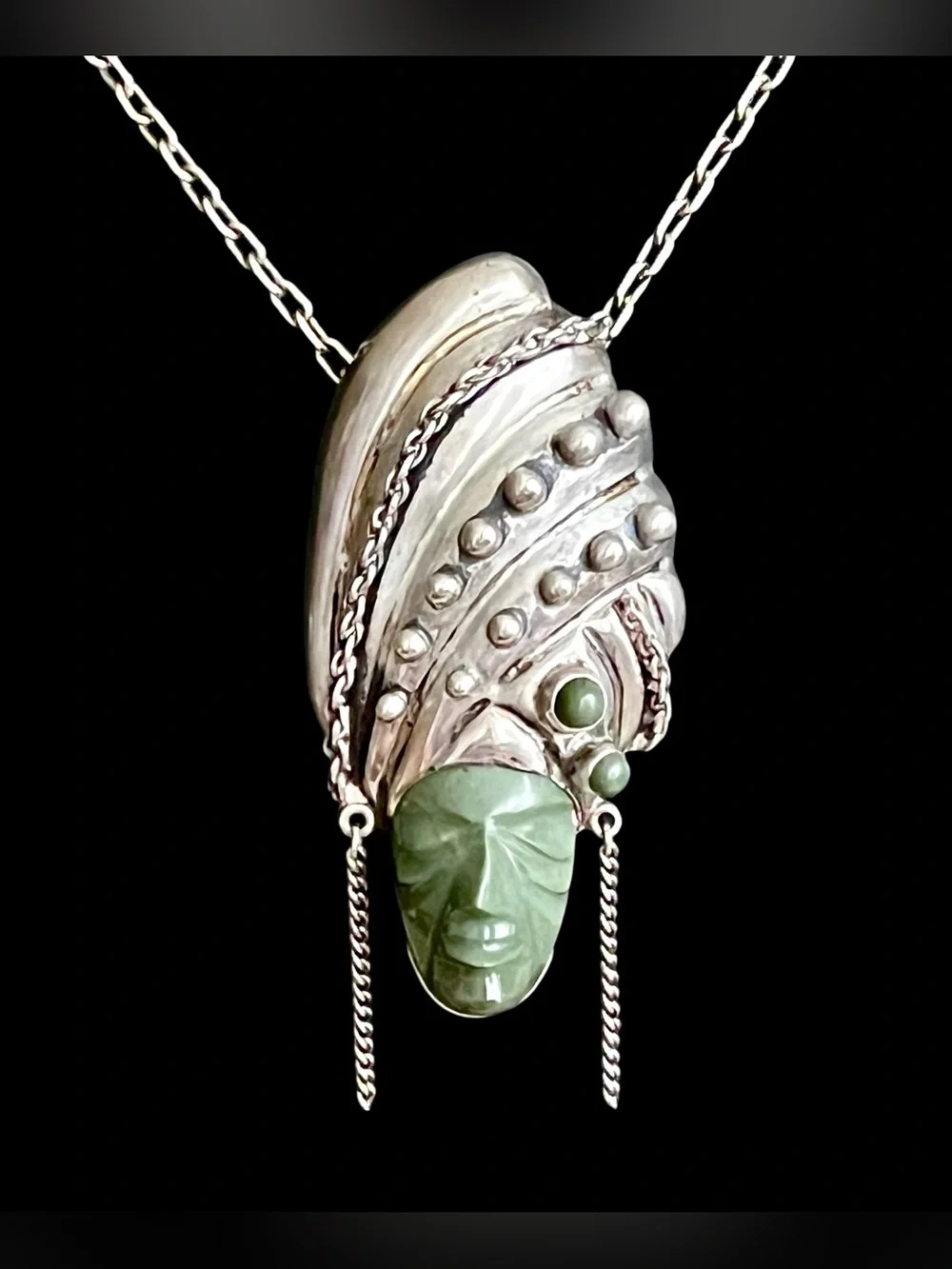 Vintage Mexican Sterling Silver Green Onyx Carved Mask Face Brooch Pin Repousse